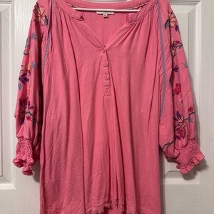 Umgee Pink Blouse with Floral Embroidery
